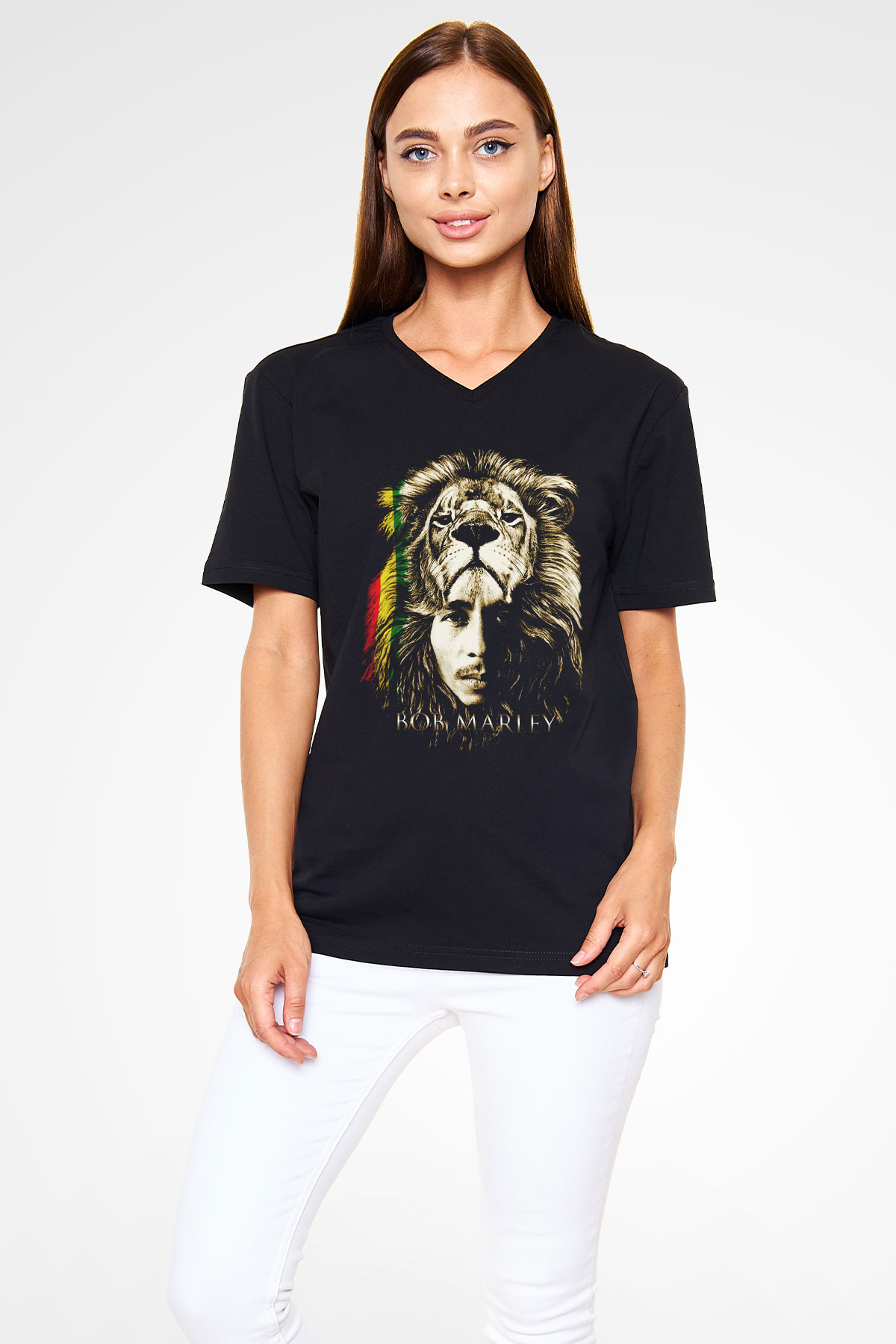 Bob Marley Siyah Unisex V Yaka Tişört T-Shirt