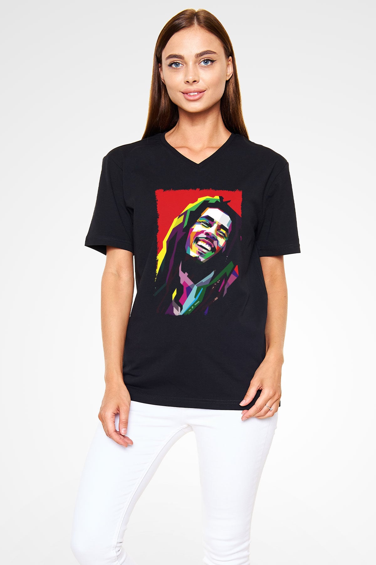 Bob Marley Siyah Unisex V Yaka Tişört