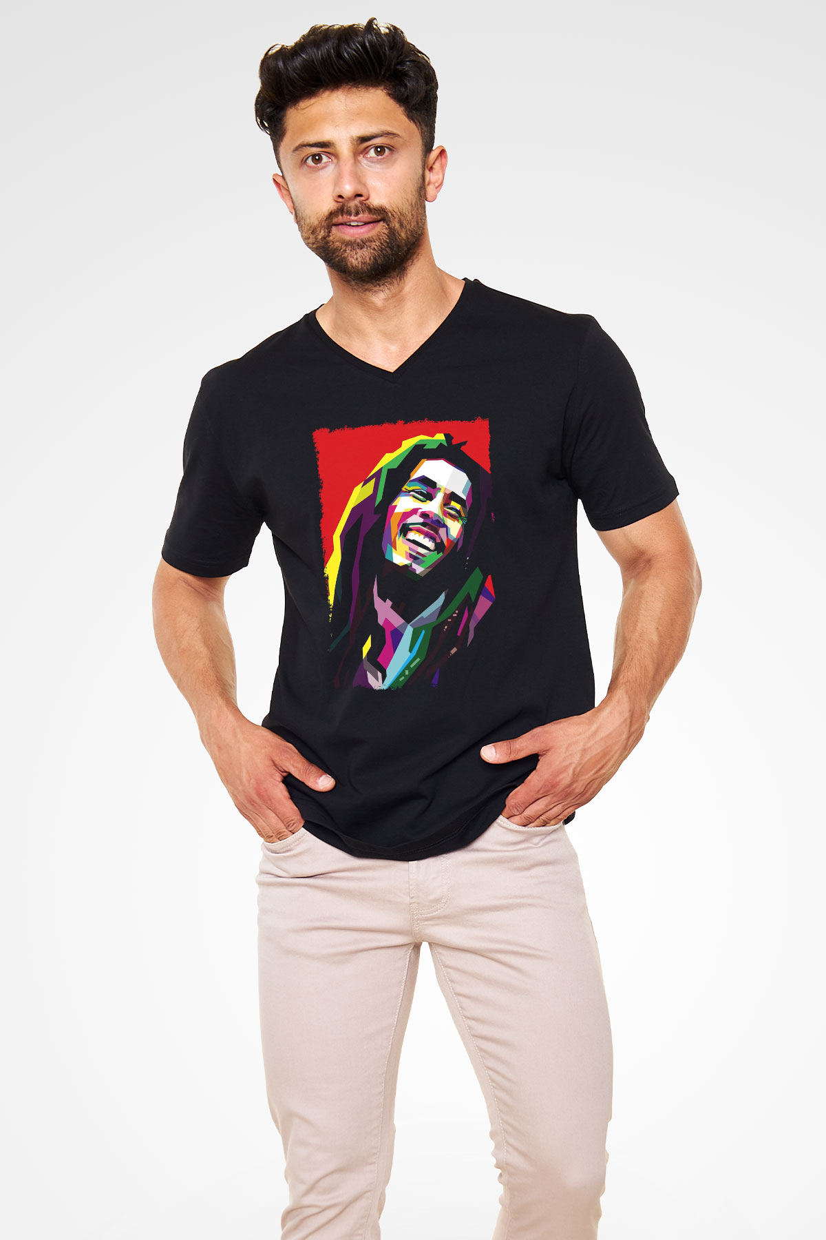 Bob Marley Siyah Unisex V Yaka Tişört
