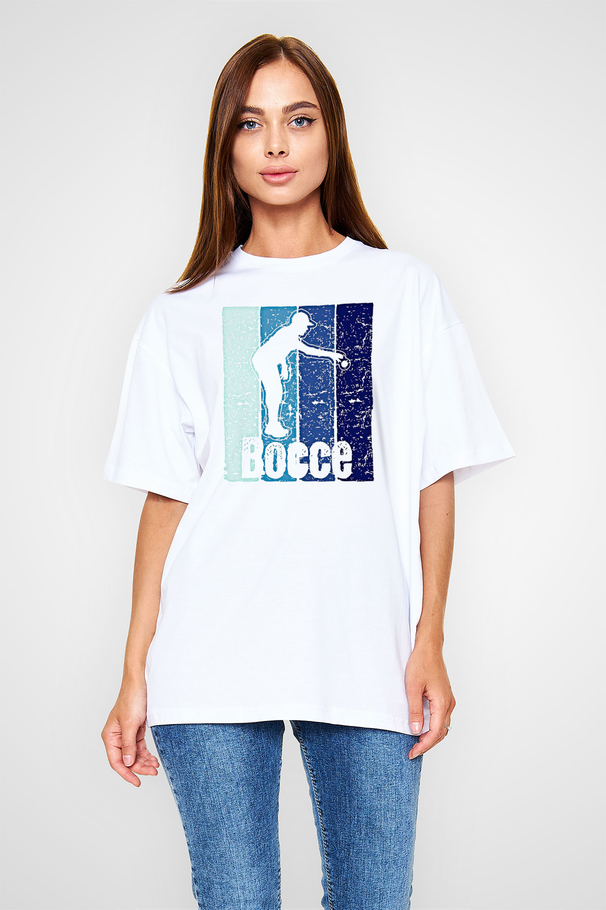 Bocce Baskılı Unisex Beyaz Oversize Tişört - Tshirt