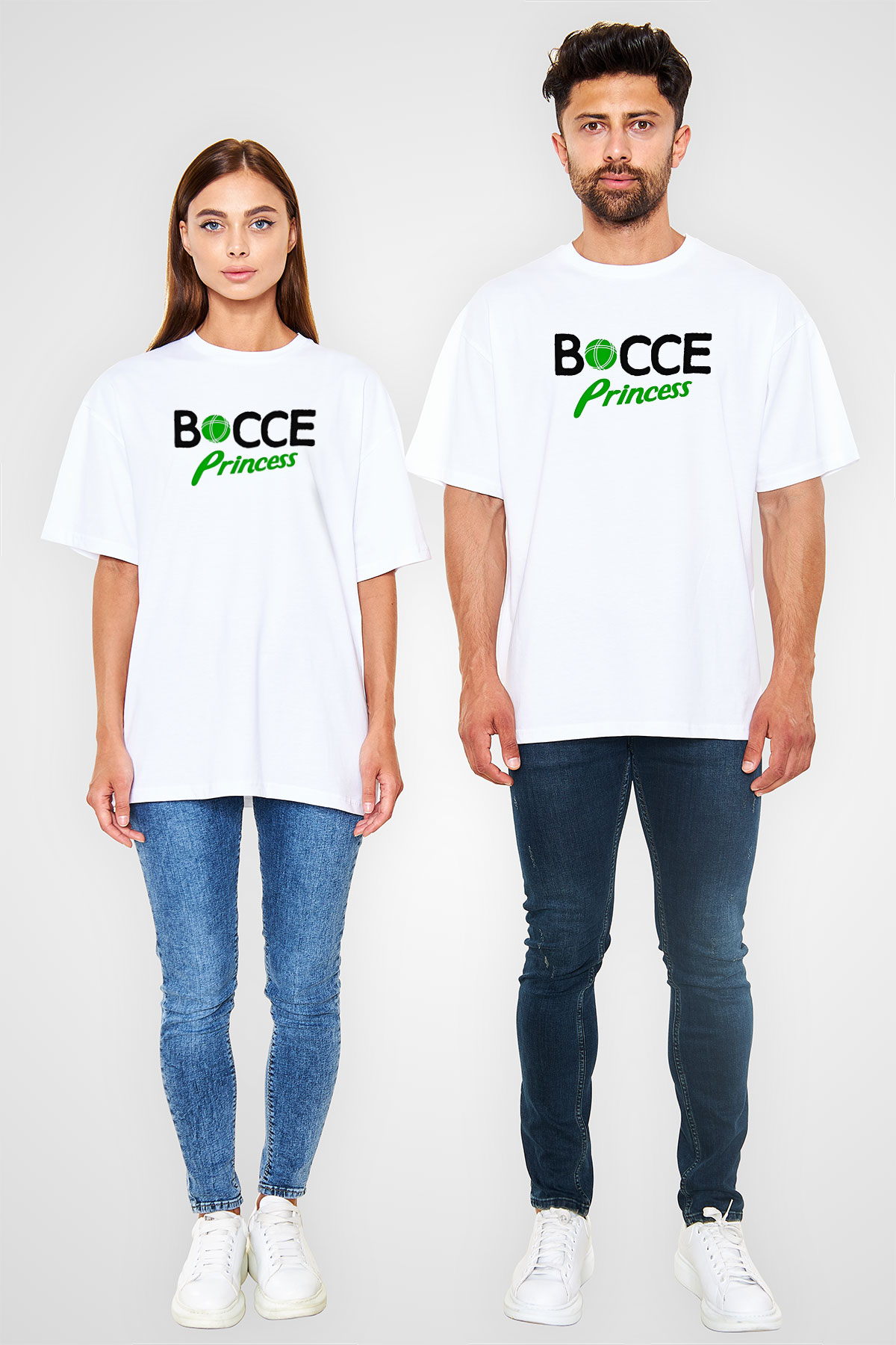 Bocce Baskılı Unisex Beyaz Oversize Tişört - Tshirt