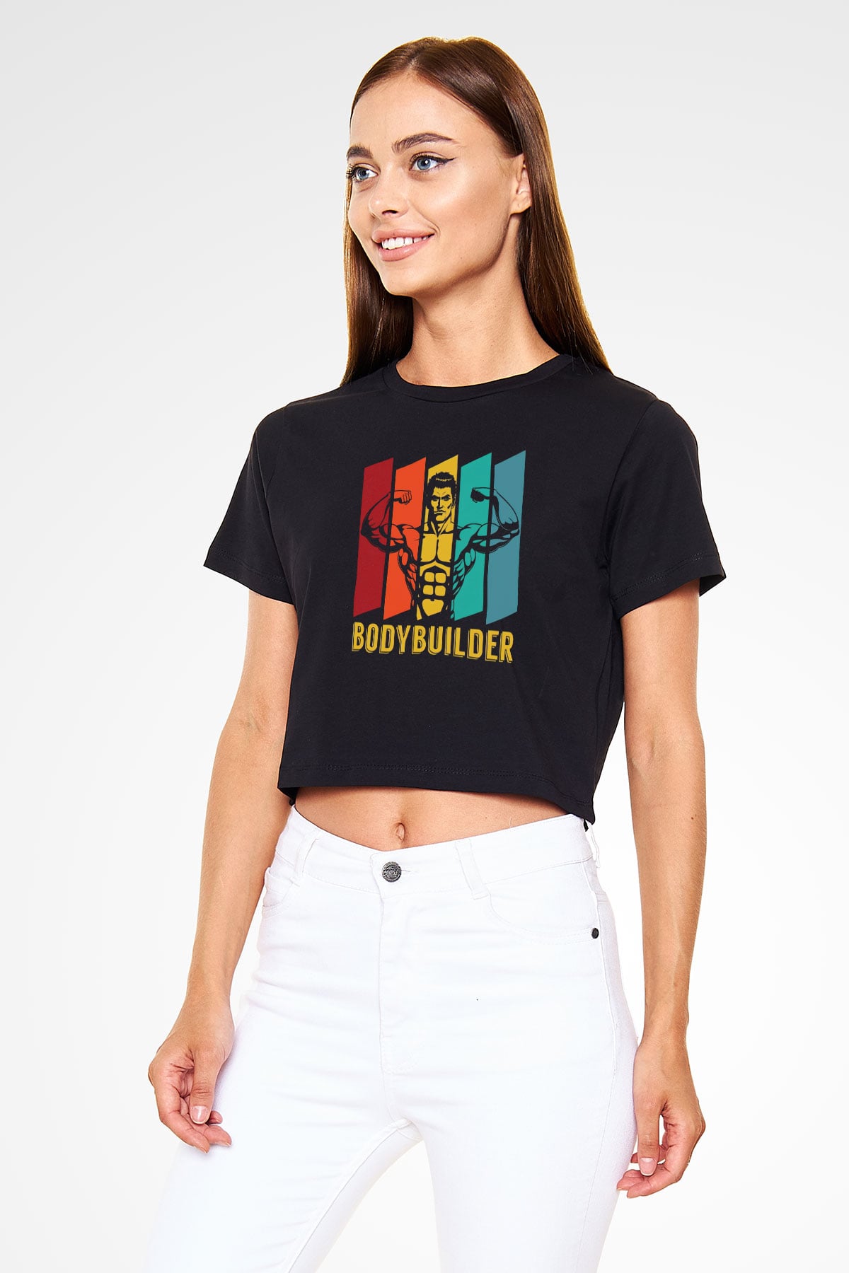Body Builder Baskılı  Siyah  Crop Top Tişört