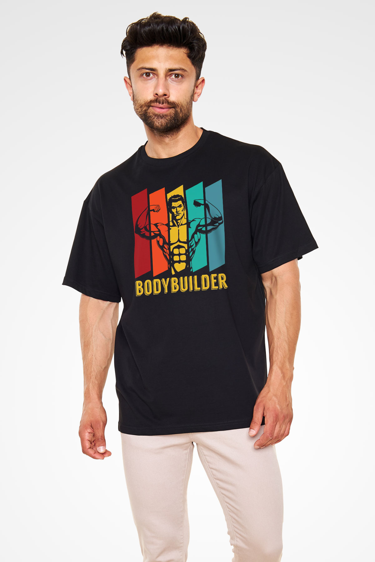 Body Builder Baskılı Oversize Siyah Tişört