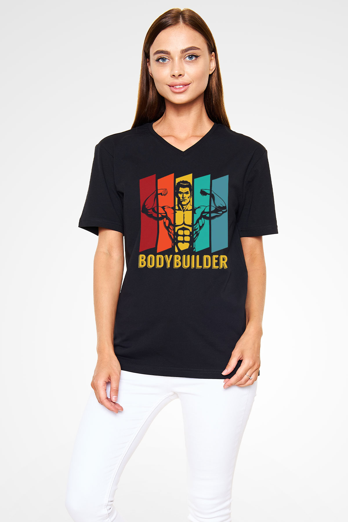 Body Builder Baskılı Unisex Siyah  V Yaka Tişört