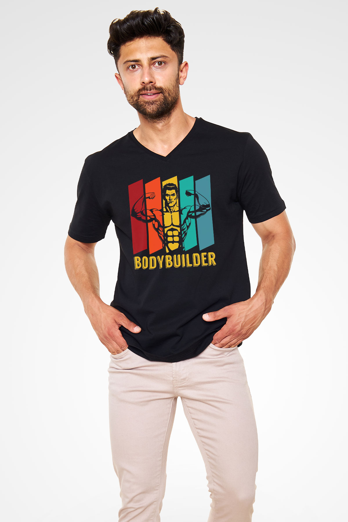 Body Builder Baskılı Unisex Siyah  V Yaka Tişört
