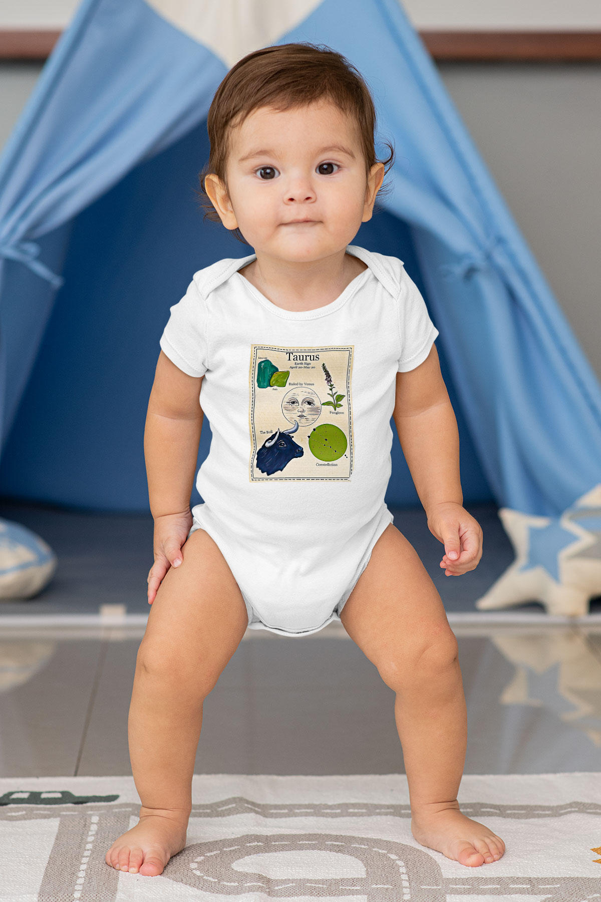 Boğa Burcu Baskılı Beyaz Unisex Bebek Body - Zıbın