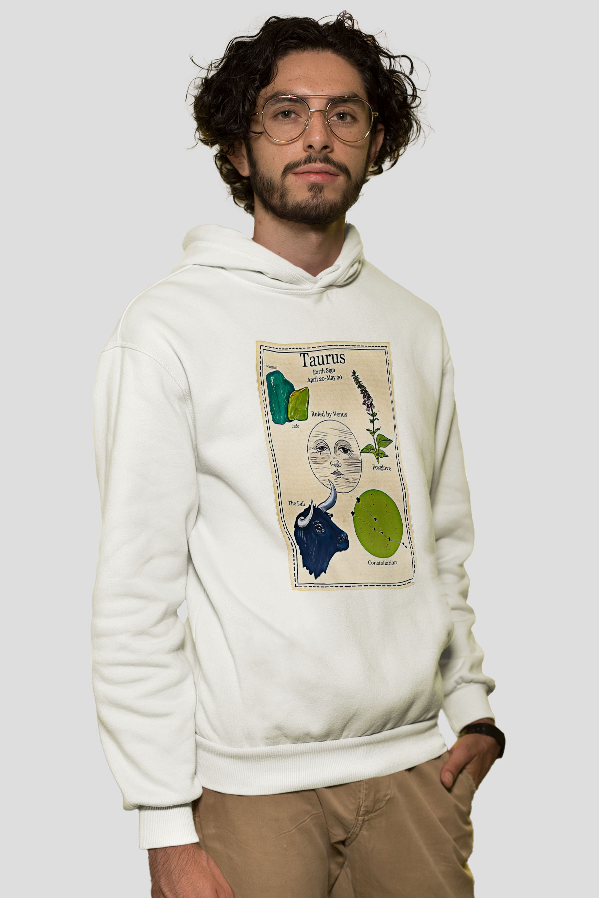 Boğa Burcu Baskılı Beyaz Unisex Hoodie