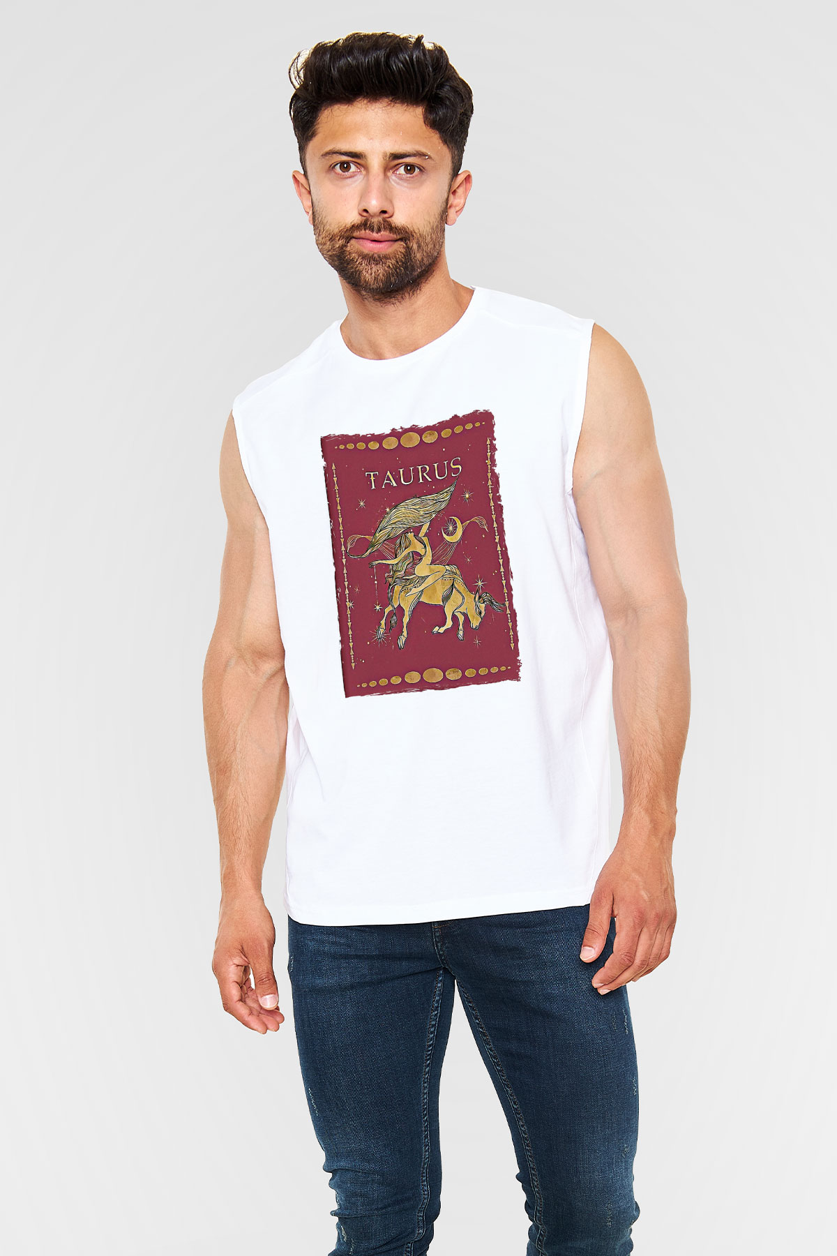 Boğa Burcu Baskılı Beyaz Unisex Kolsuz Tişört - Tshirt