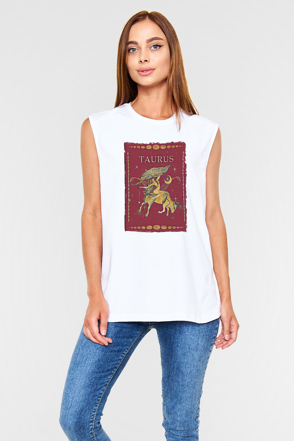 Boğa Burcu Baskılı Beyaz Unisex Kolsuz Tişört - Tshirt