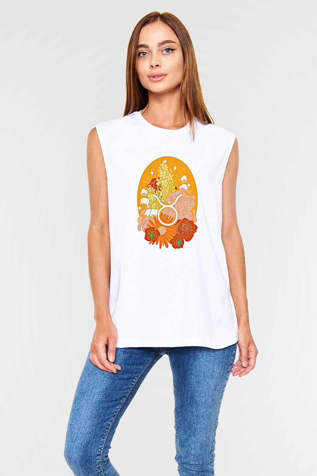 Boğa Burcu Baskılı Beyaz Unisex Kolsuz Tişört - Tshirt