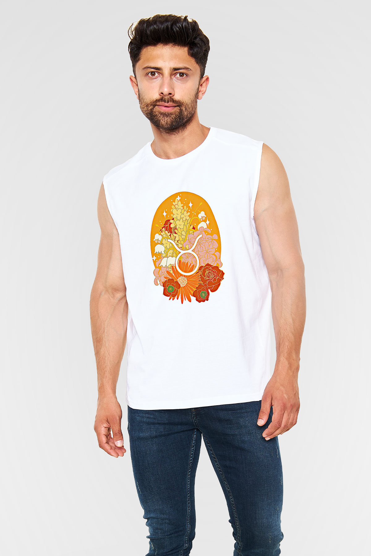 Boğa Burcu Baskılı Beyaz Unisex Kolsuz Tişört - Tshirt
