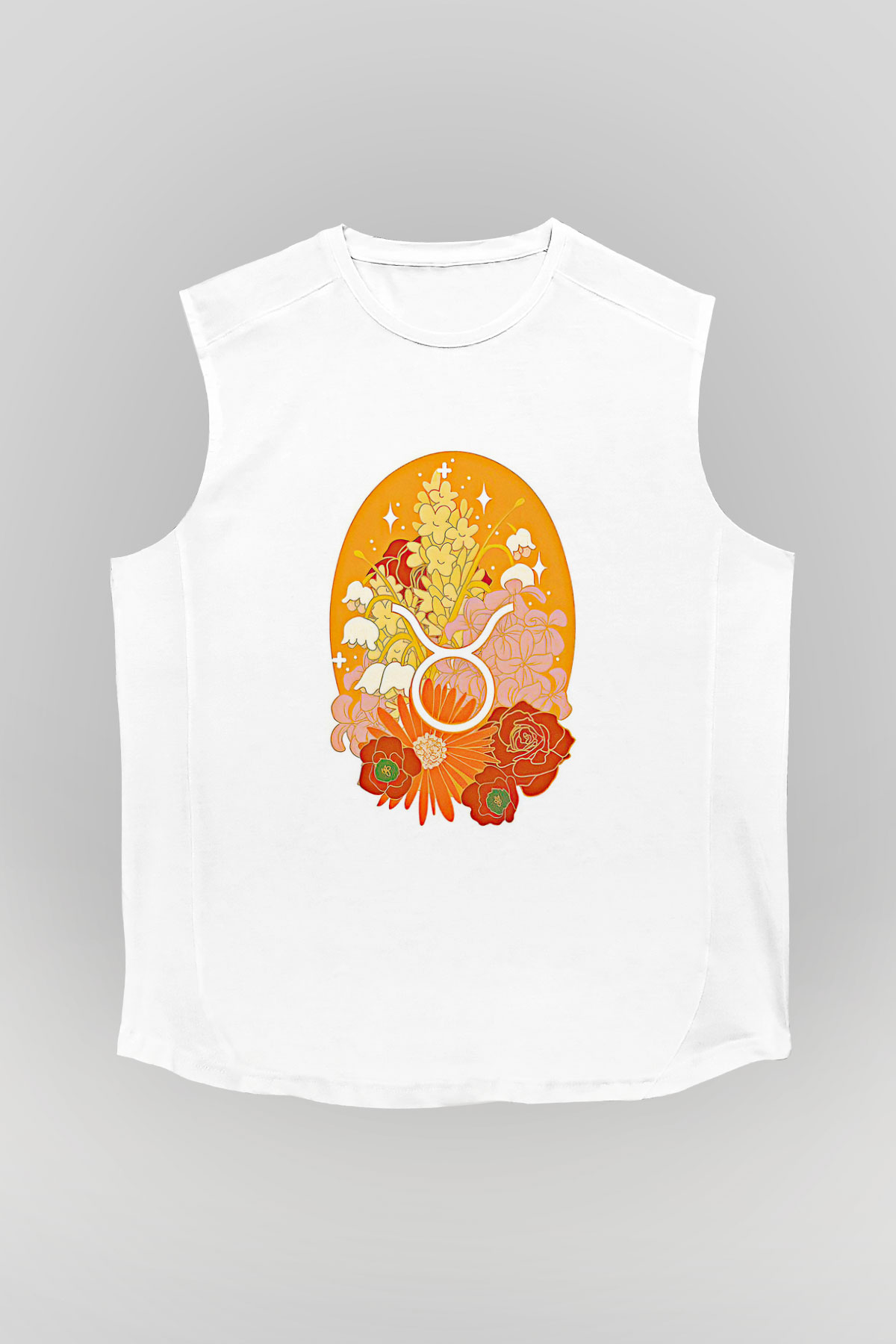 Boğa Burcu Baskılı Beyaz Unisex Kolsuz Tişört - Tshirt