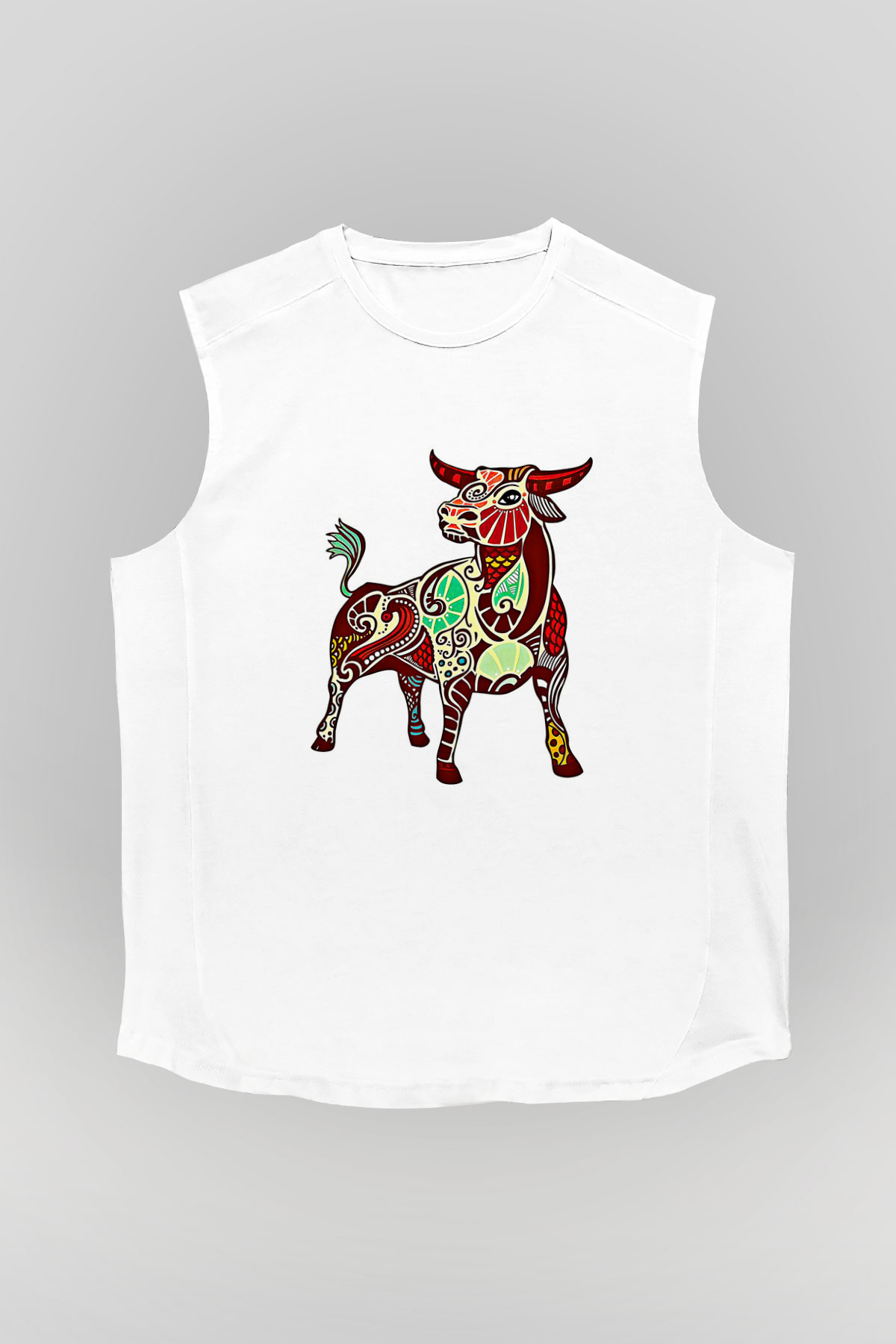 Boğa Burcu Baskılı Beyaz Unisex Kolsuz Tişört - Tshirt