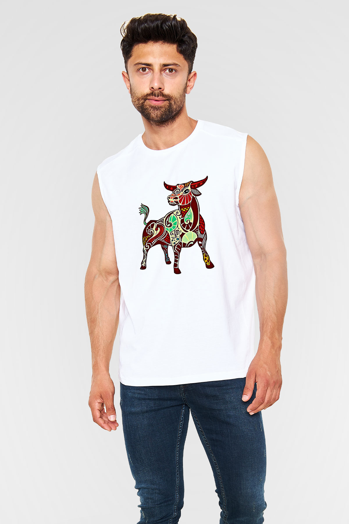 Boğa Burcu Baskılı Beyaz Unisex Kolsuz Tişört - Tshirt
