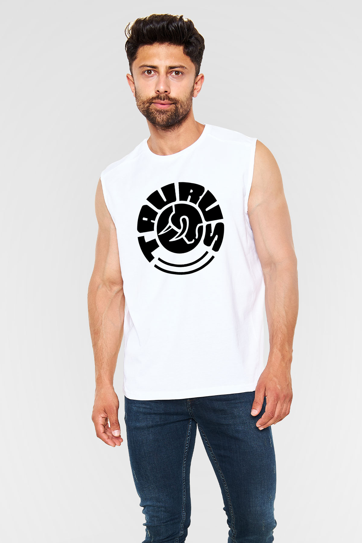 Boğa Burcu Baskılı Beyaz Unisex Kolsuz Tişört - Tshirt