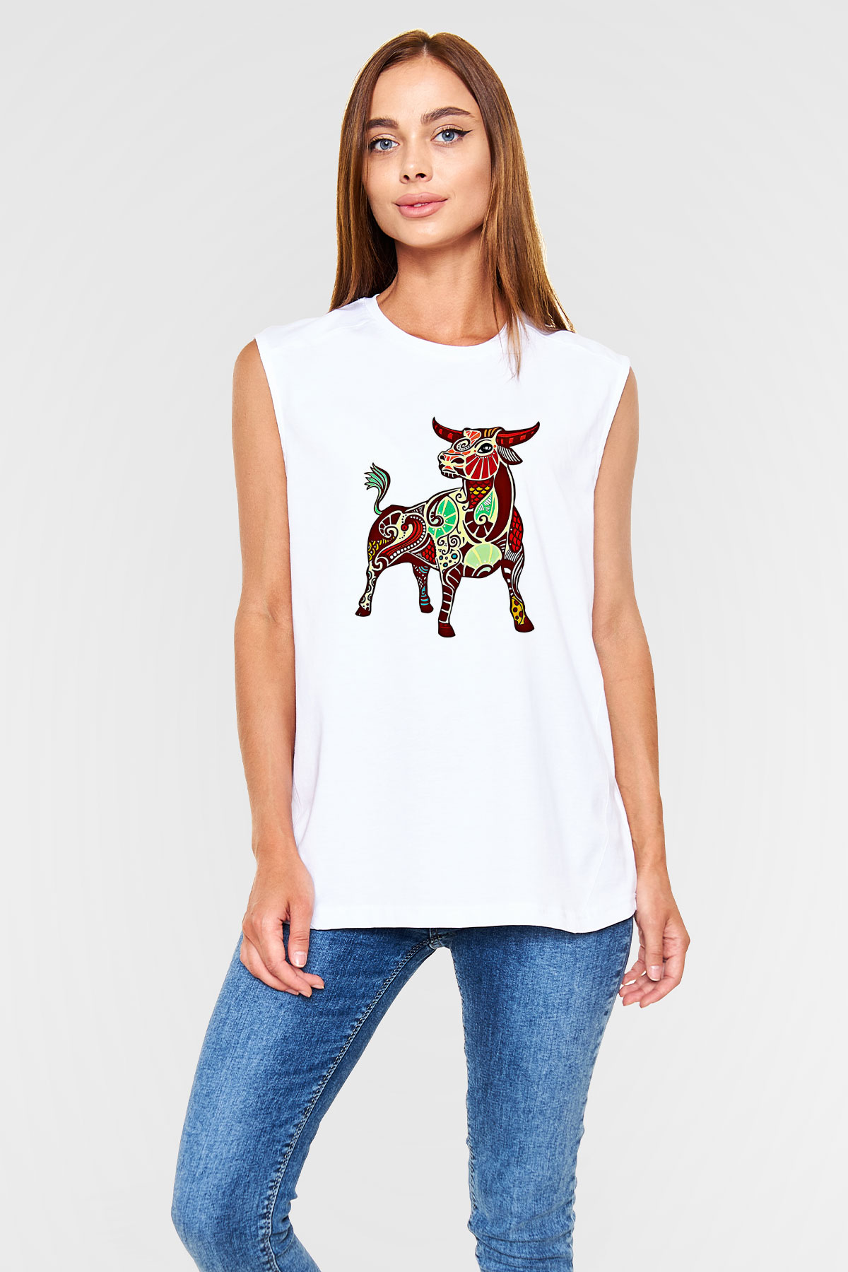 Boğa Burcu Baskılı Beyaz Unisex Kolsuz Tişört - Tshirt