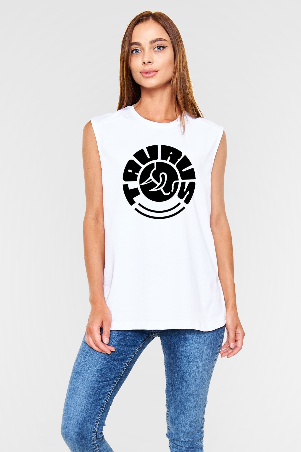 Boğa Burcu Baskılı Beyaz Unisex Kolsuz Tişört - Tshirt