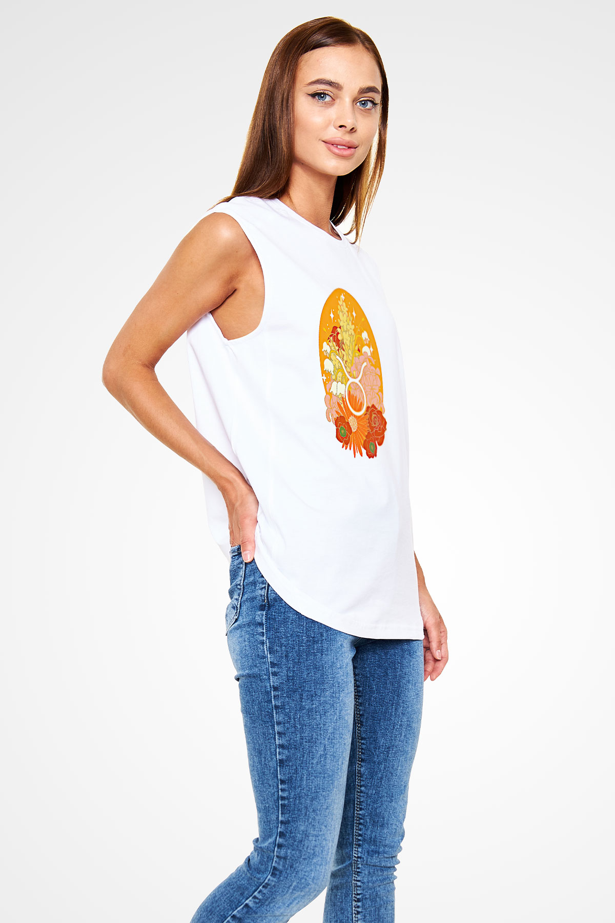 Boğa Burcu Baskılı Beyaz Unisex Kolsuz Tişört - Tshirt