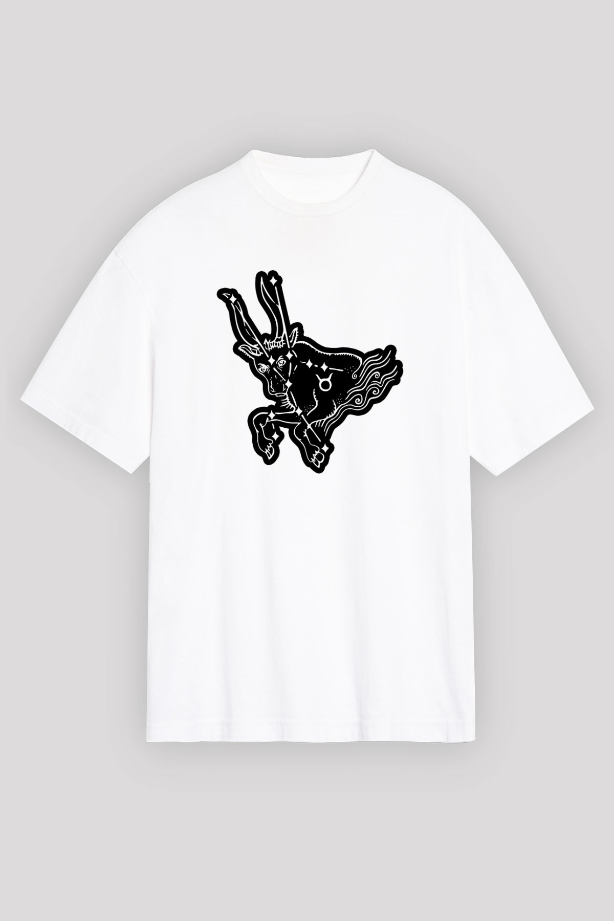 Boğa Burcu Baskılı Beyaz Unisex Oversize Tişört - Tshirt