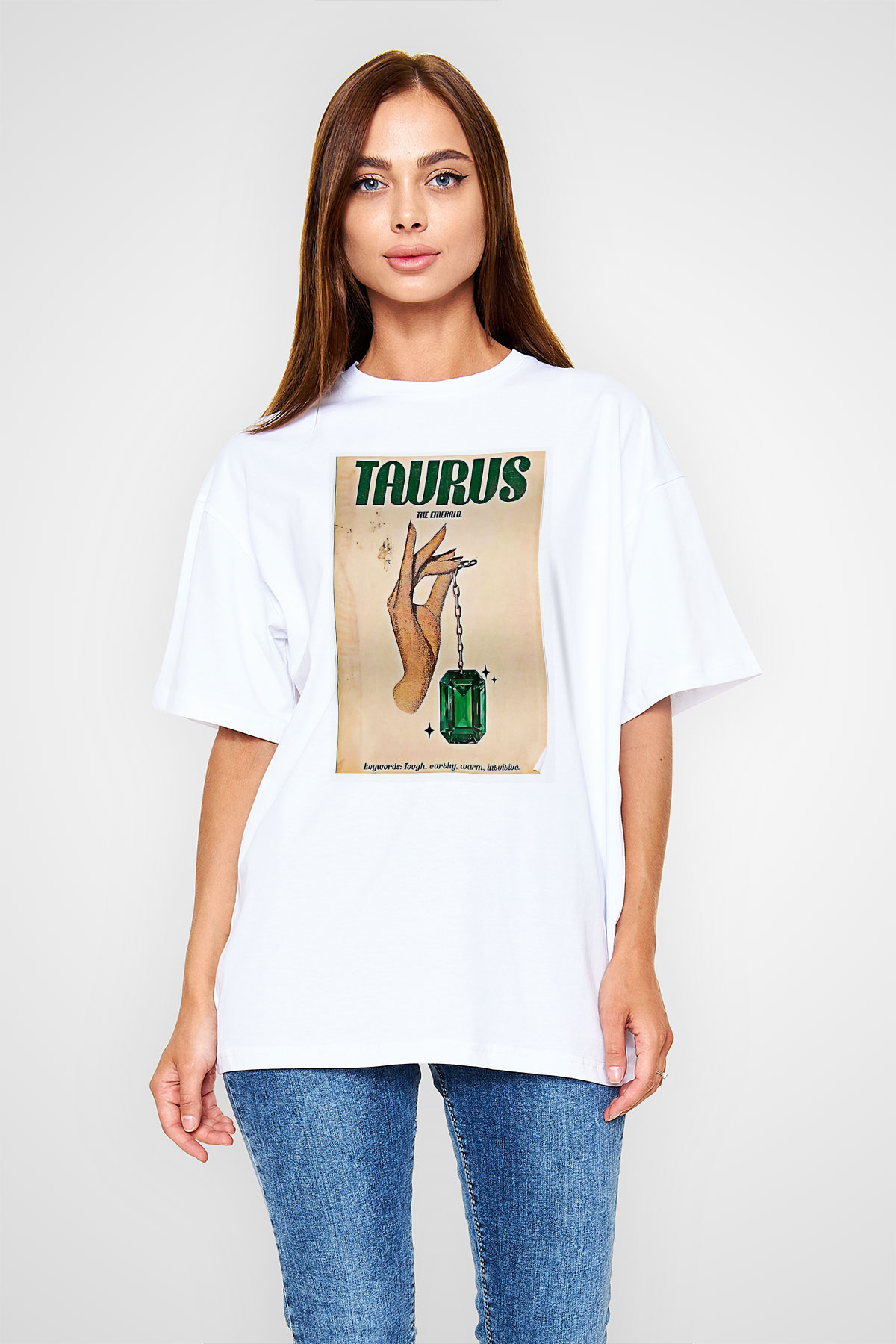 Boğa Burcu Baskılı Beyaz Unisex Oversize Tişört - Tshirt