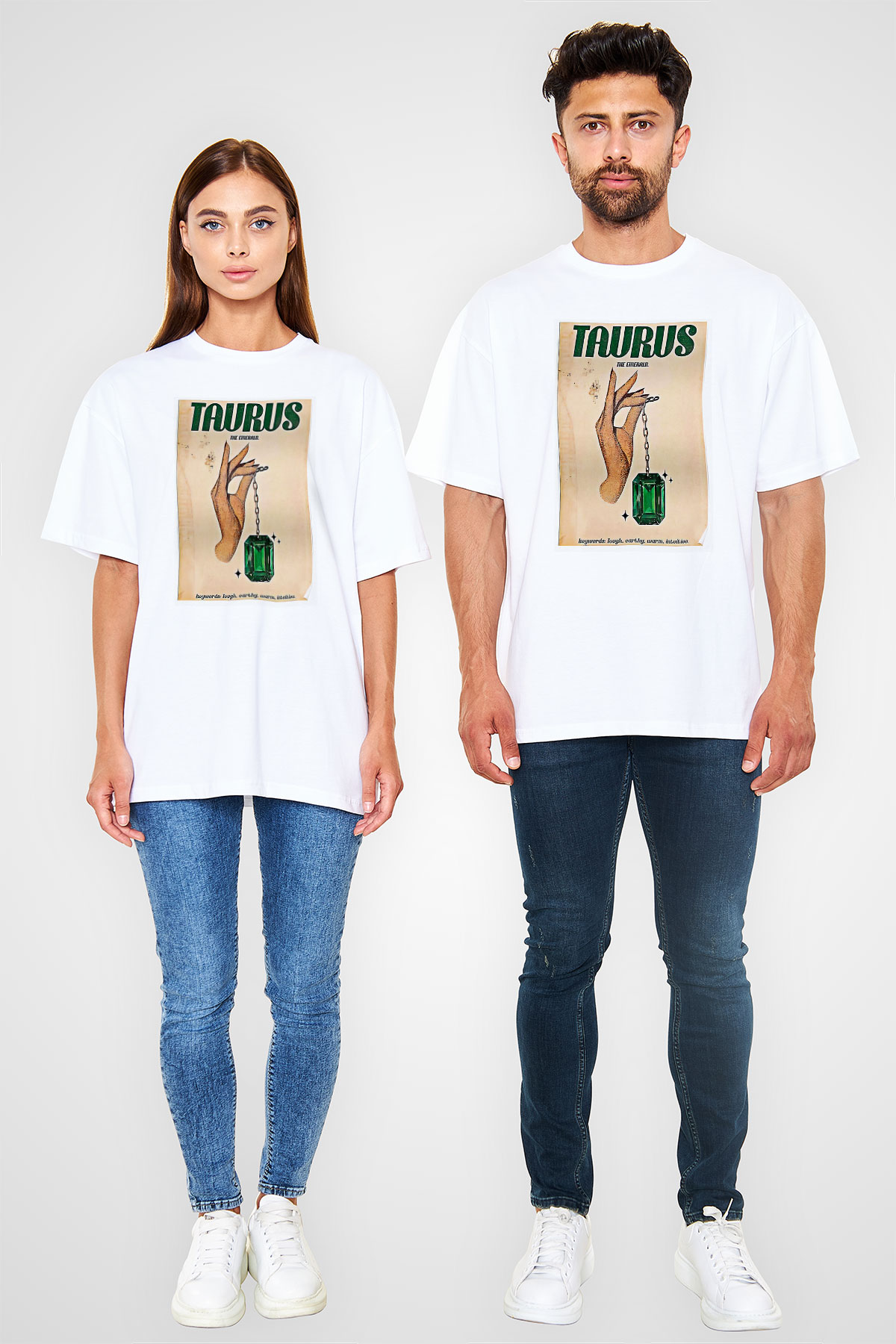 Boğa Burcu Baskılı Beyaz Unisex Oversize Tişört - Tshirt