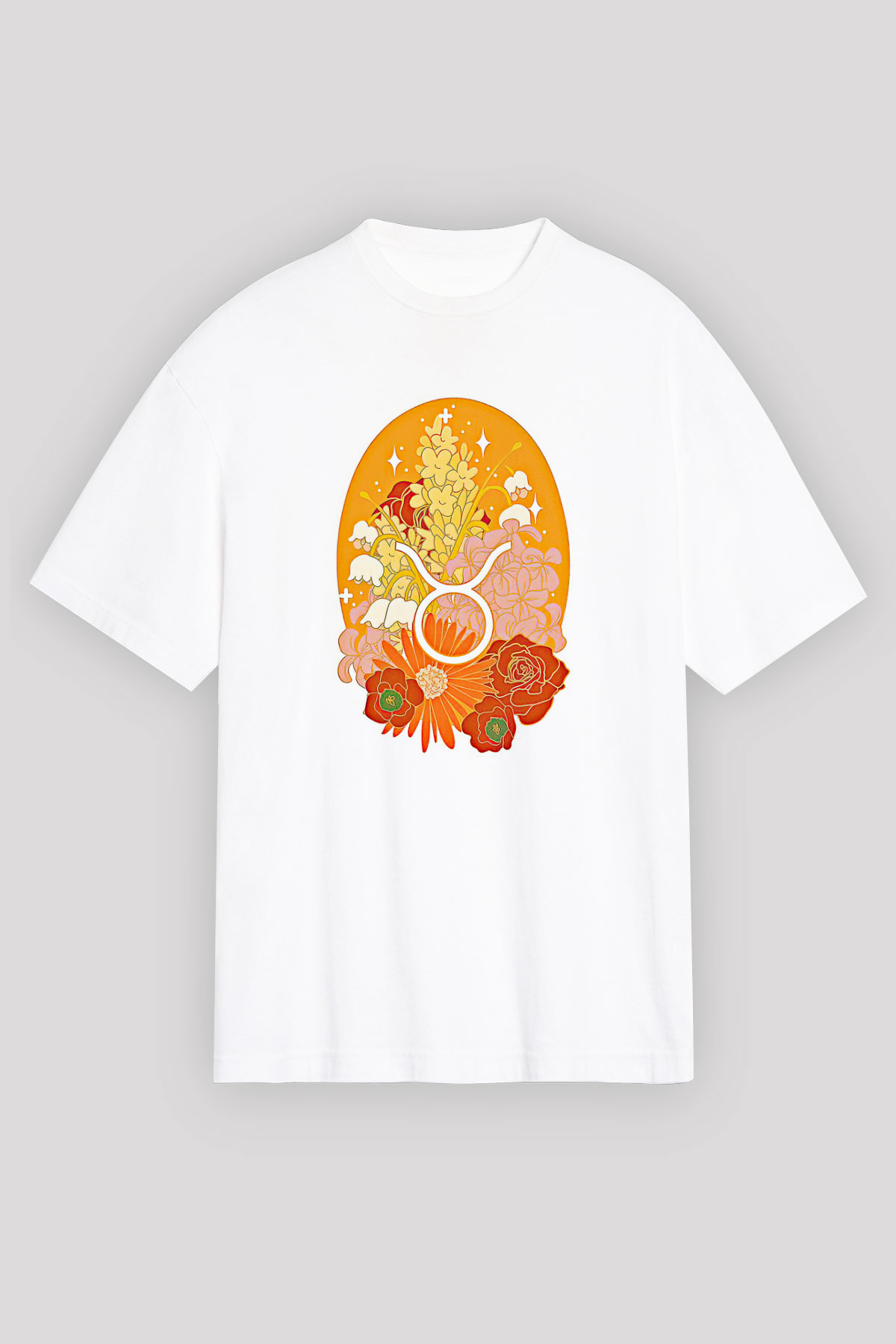 Boğa Burcu Baskılı Beyaz Unisex Oversize Tişört - Tshirt