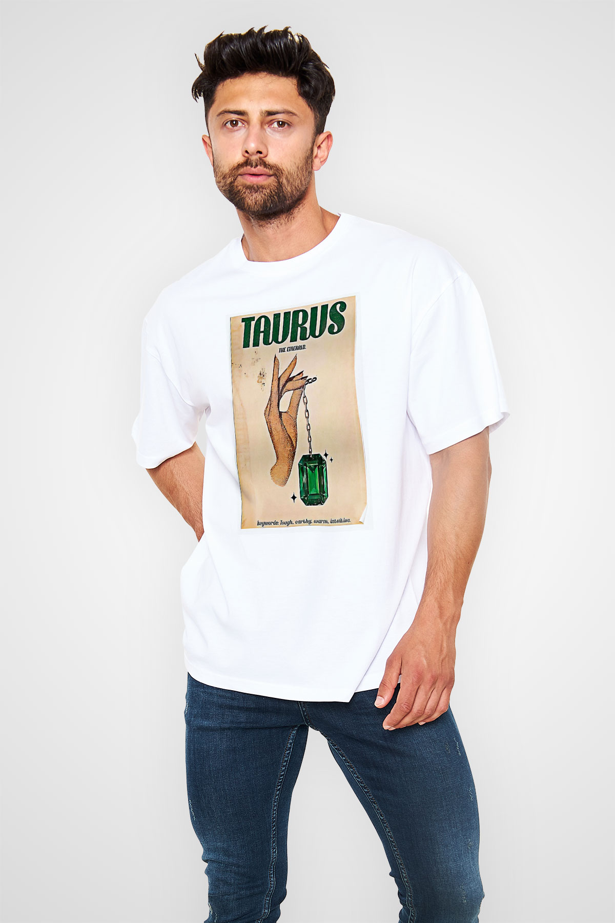 Boğa Burcu Baskılı Beyaz Unisex Oversize Tişört - Tshirt