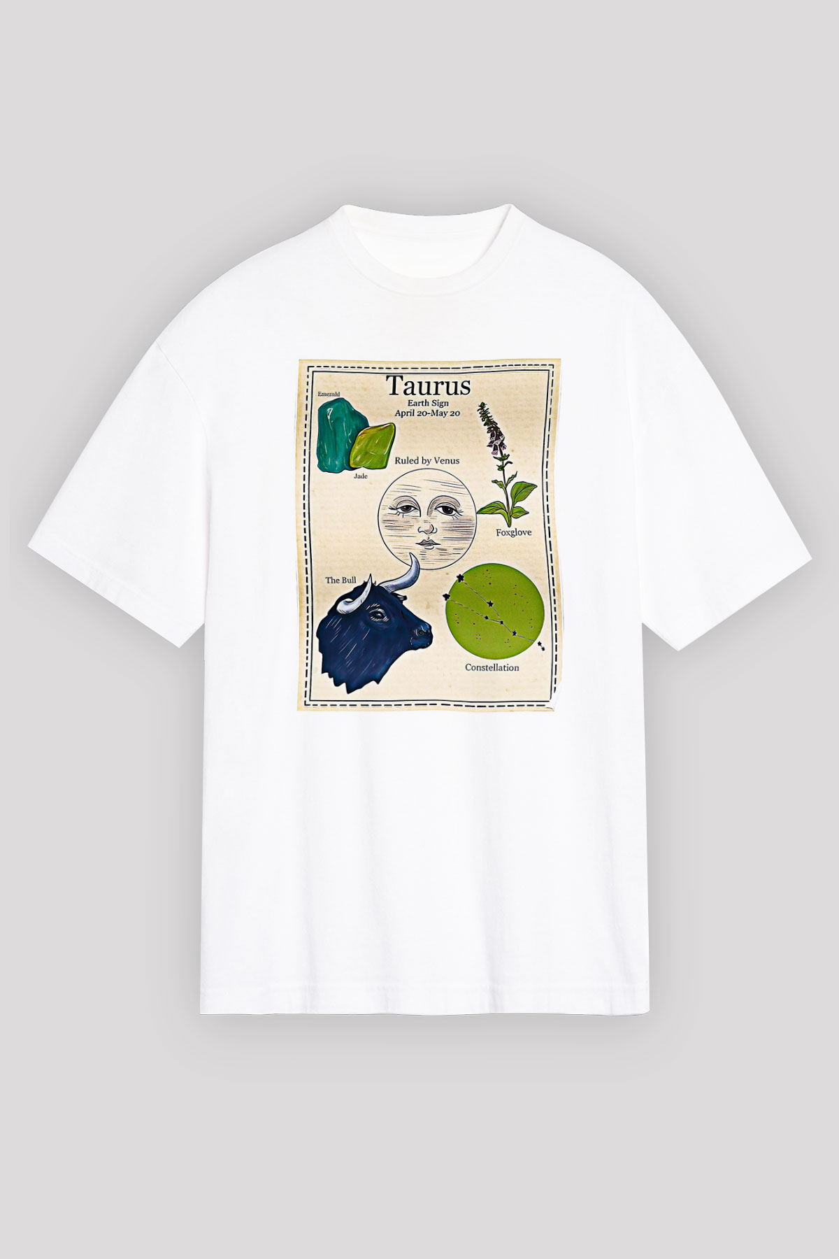 Boğa Burcu Baskılı Beyaz Unisex Oversize Tişört - Tshirt