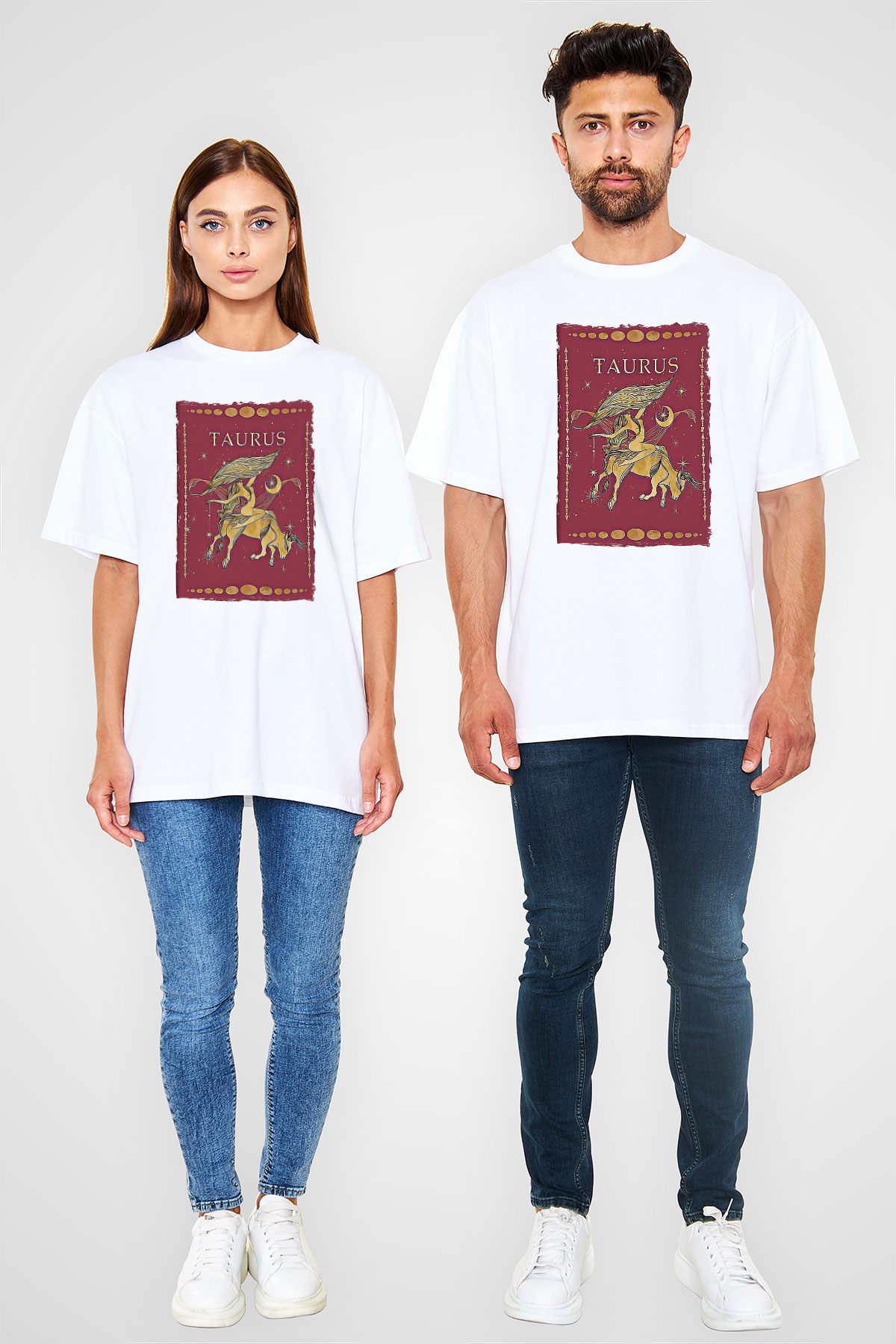 Boğa Burcu Baskılı Beyaz Unisex Oversize Tişört - Tshirt