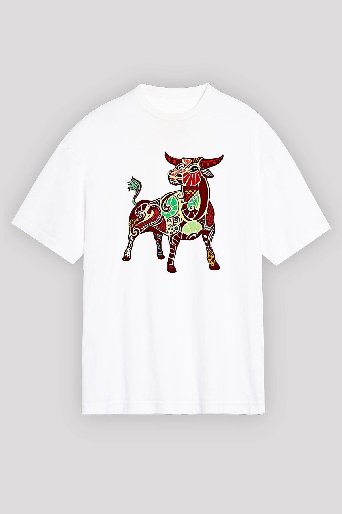 Boğa Burcu Baskılı Beyaz Unisex Oversize Tişört - Tshirt