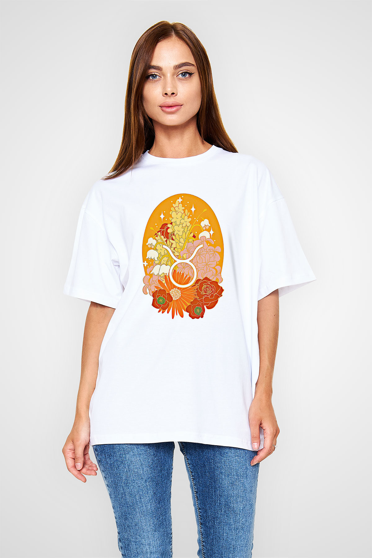 Boğa Burcu Baskılı Beyaz Unisex Oversize Tişört - Tshirt