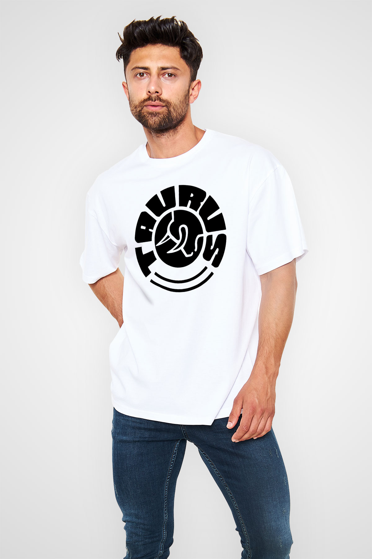 Boğa Burcu Baskılı Beyaz Unisex Oversize Tişört - Tshirt
