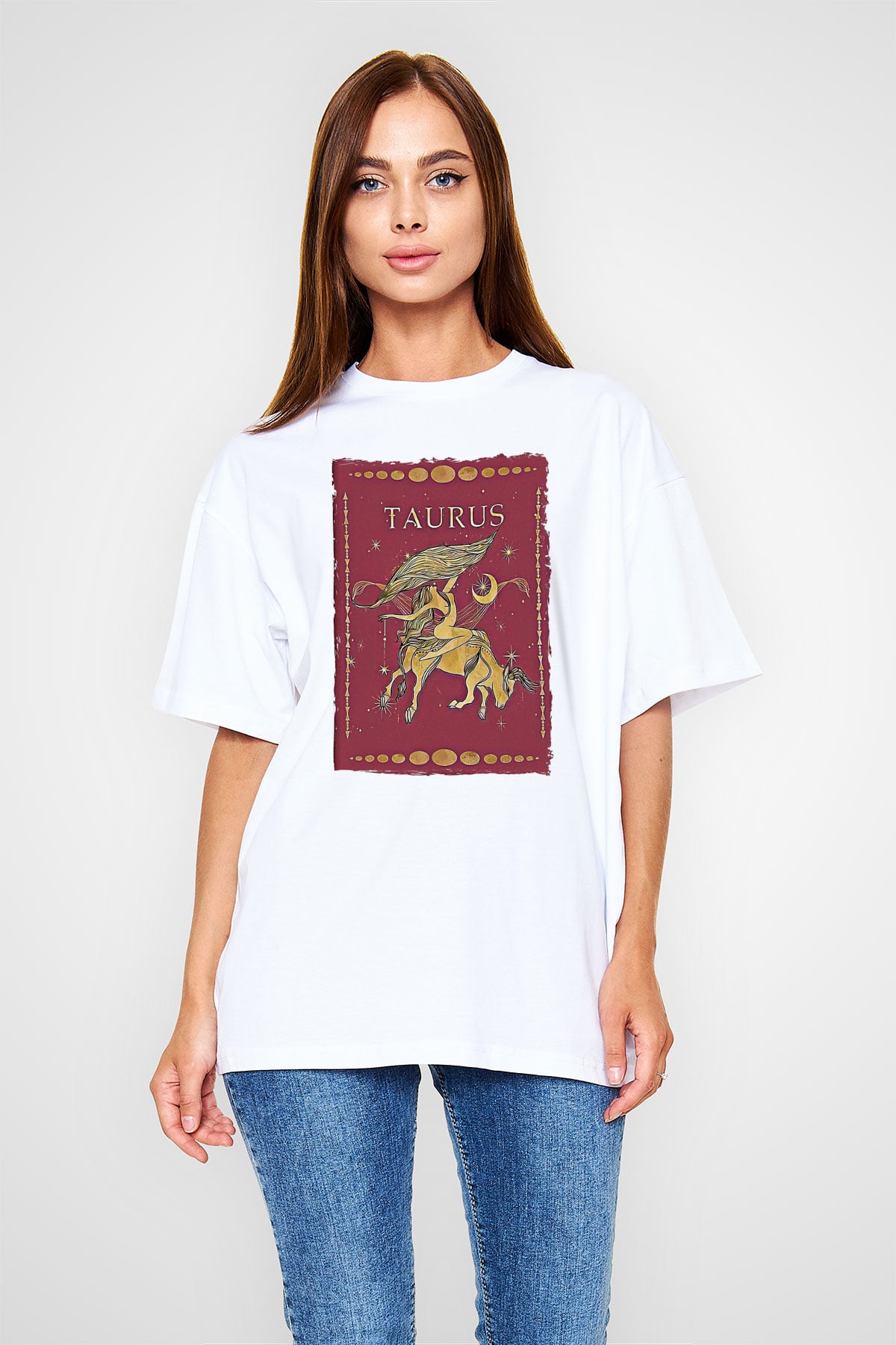 Boğa Burcu Baskılı Beyaz Unisex Oversize Tişört - Tshirt