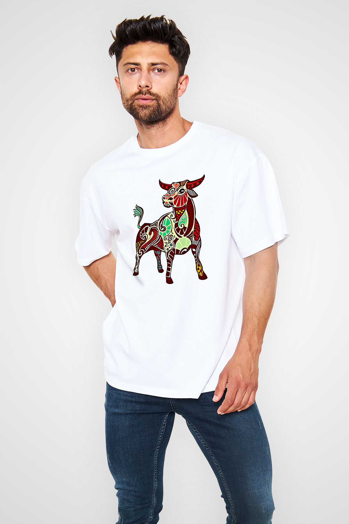 Boğa Burcu Baskılı Beyaz Unisex Oversize Tişört - Tshirt