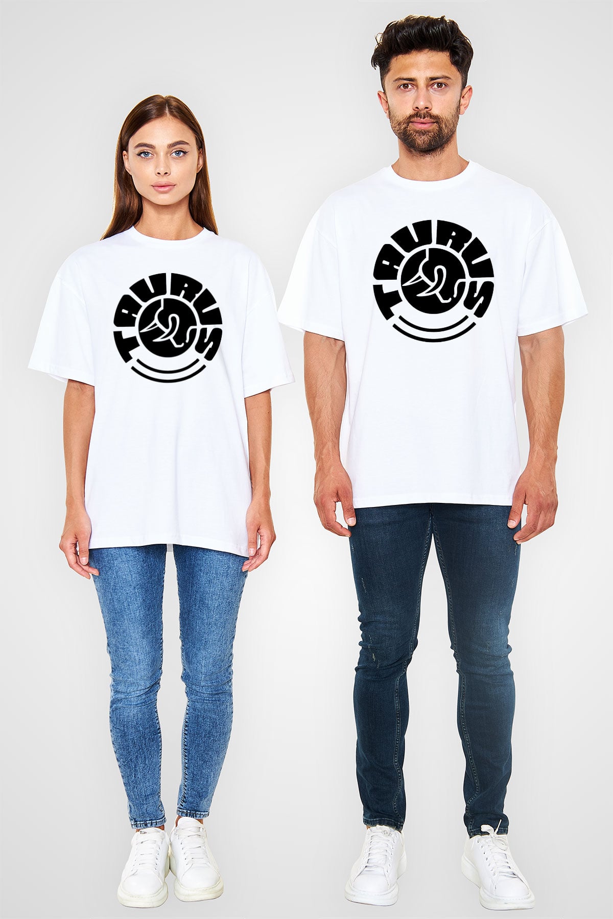 Boğa Burcu Baskılı Beyaz Unisex Oversize Tişört - Tshirt