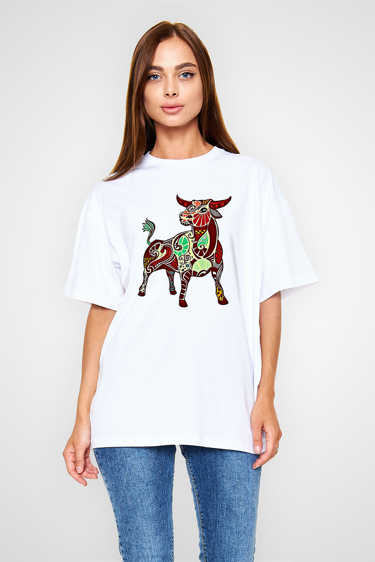 Boğa Burcu Baskılı Beyaz Unisex Oversize Tişört - Tshirt
