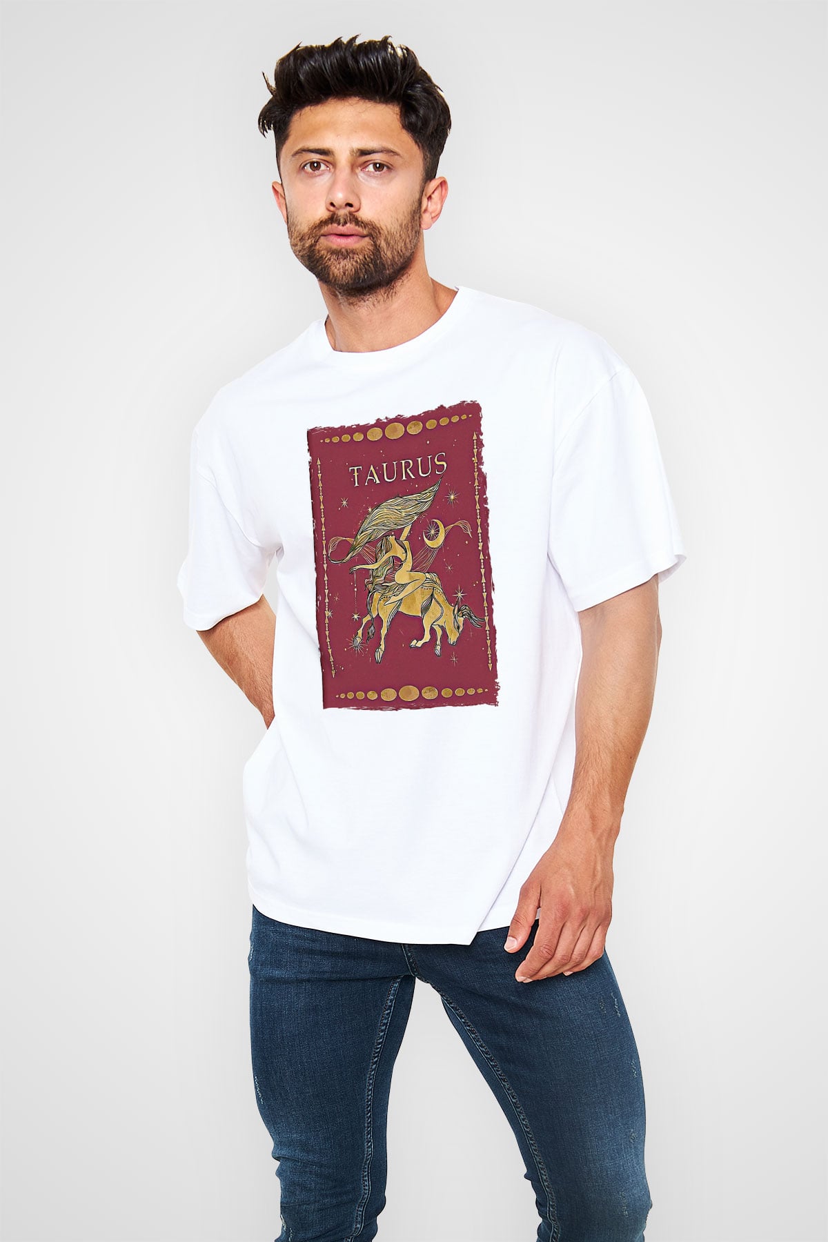 Boğa Burcu Baskılı Beyaz Unisex Oversize Tişört - Tshirt