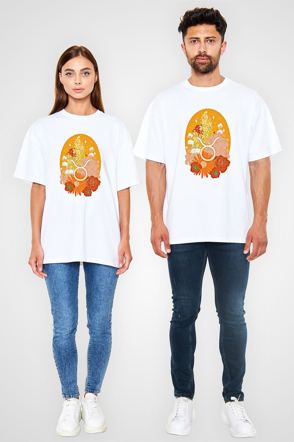 Boğa Burcu Baskılı Beyaz Unisex Oversize Tişört - Tshirt