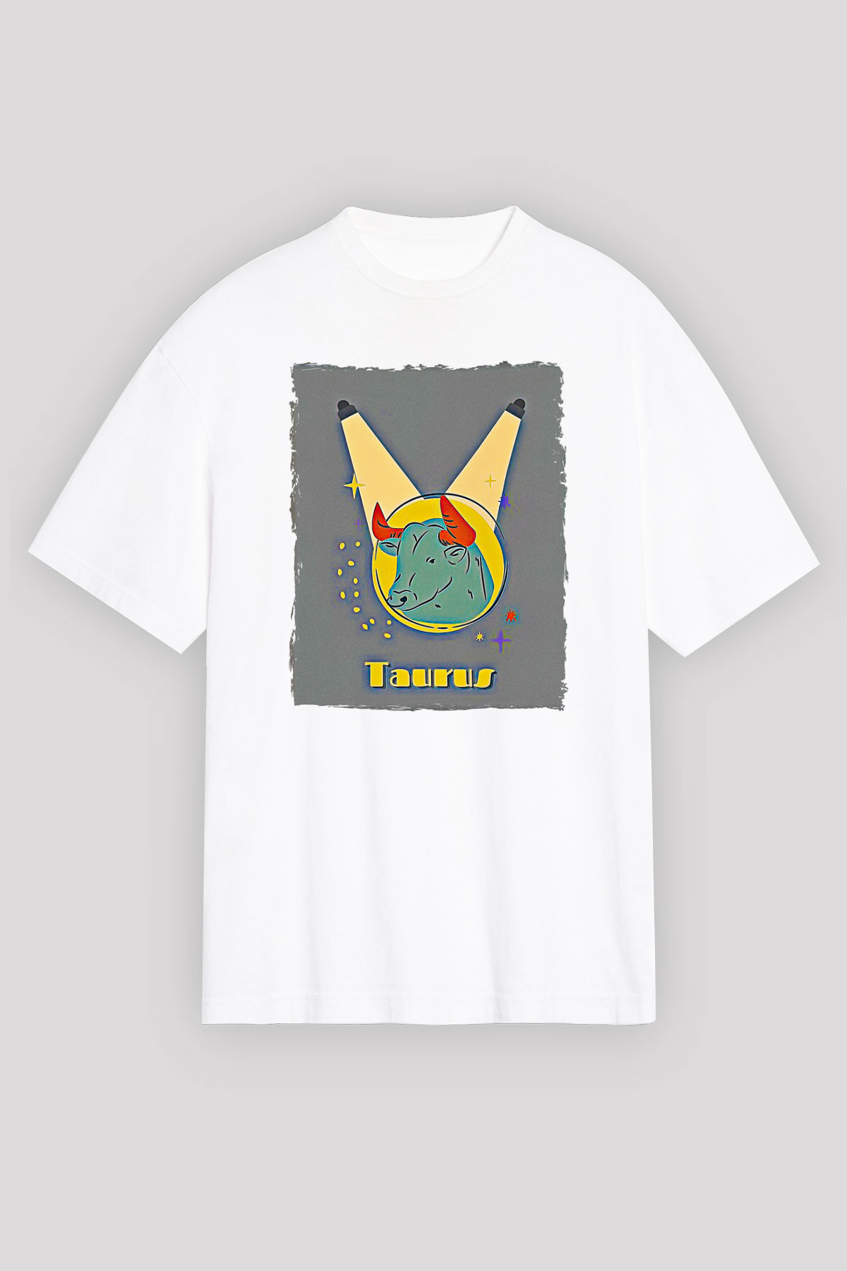 Boğa Burcu Baskılı Beyaz Unisex Oversize Tişört - Tshirt
