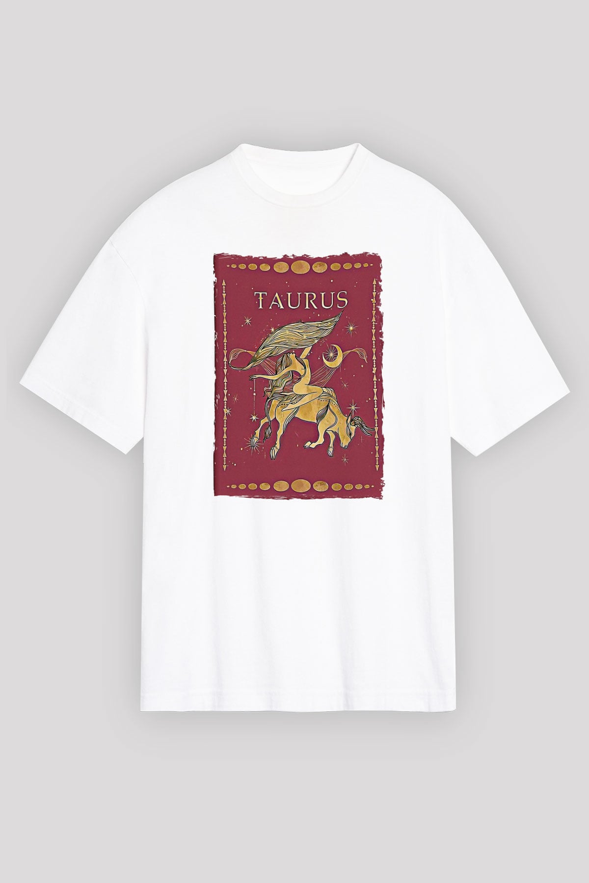 Boğa Burcu Baskılı Beyaz Unisex Oversize Tişört - Tshirt