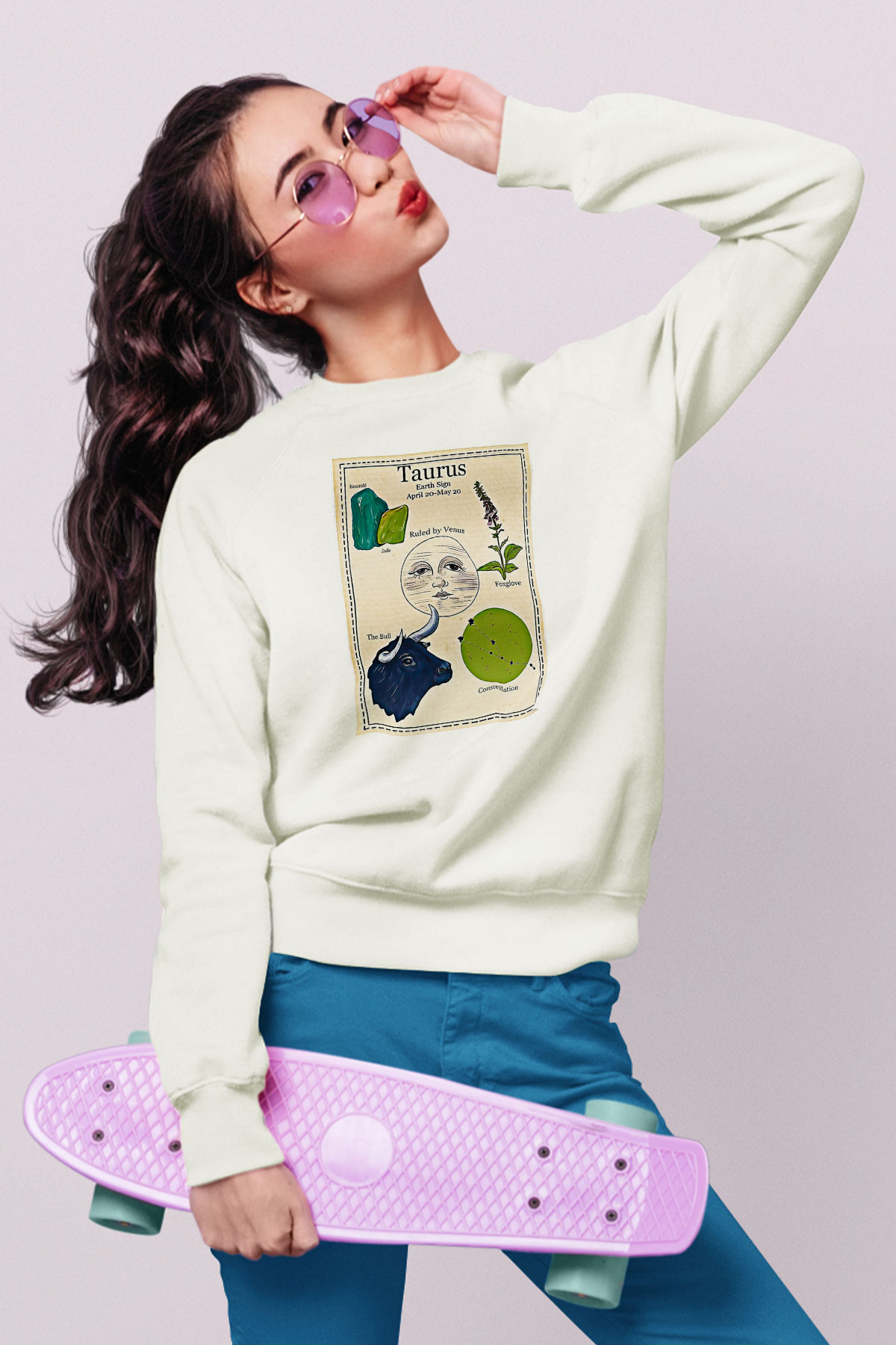 Boğa Burcu Baskılı Beyaz Unisex Sweatshirt