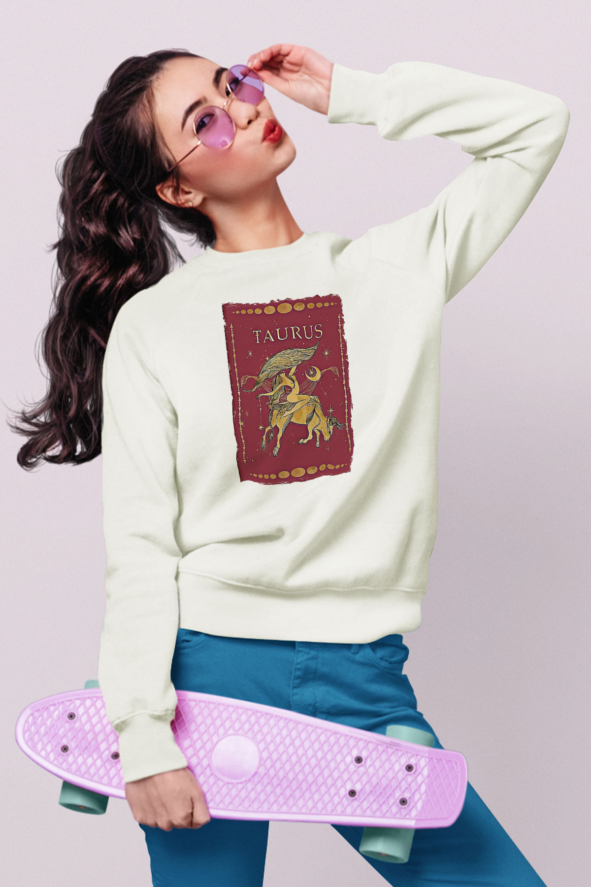 Boğa Burcu Baskılı Beyaz Unisex Sweatshirt