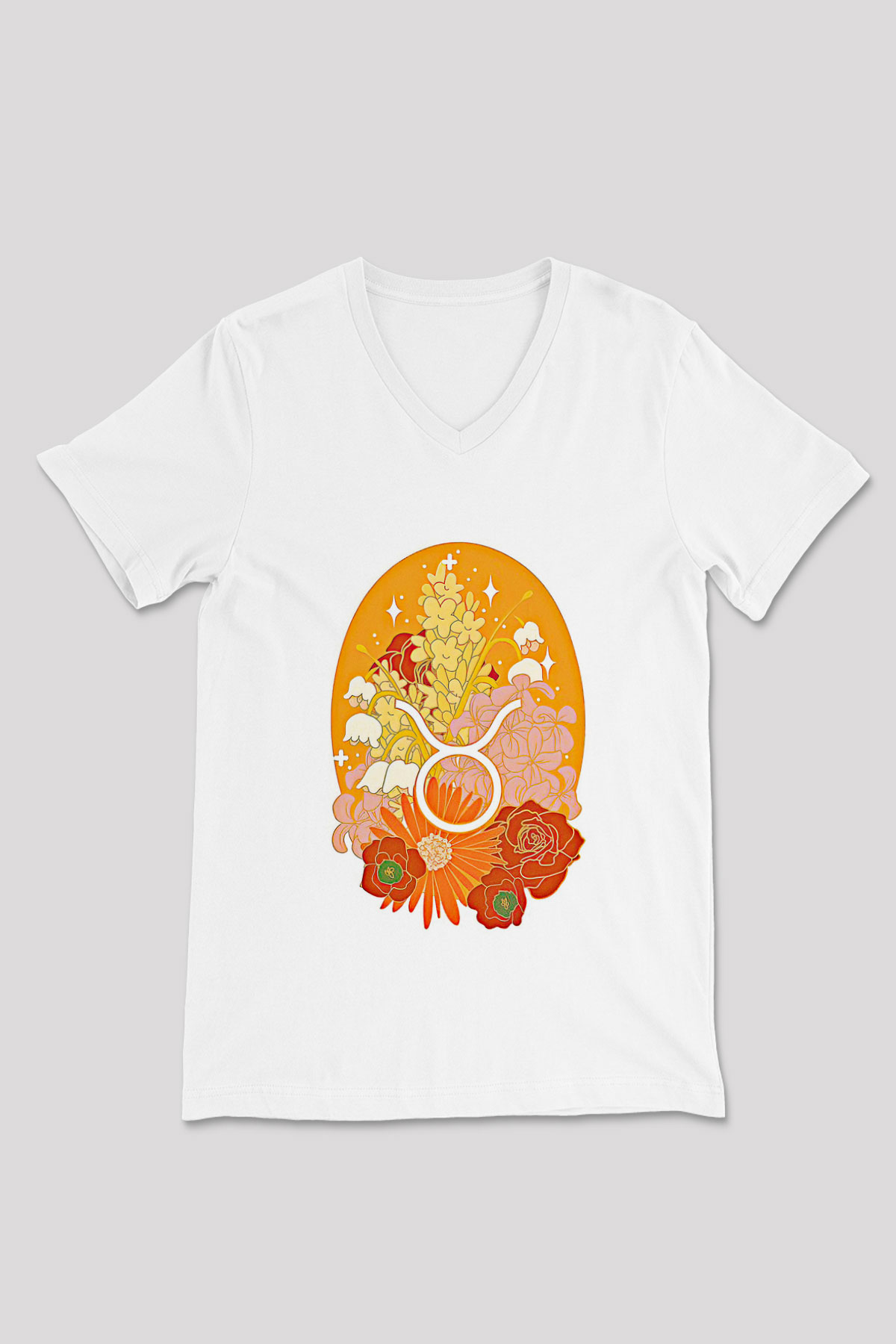 Boğa Burcu Baskılı Beyaz Unisex V Yaka Tişört - Tshirt