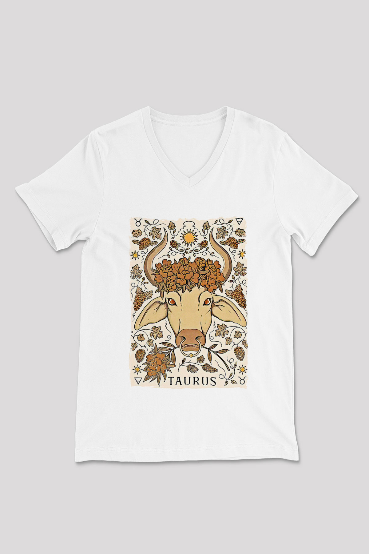 Boğa Burcu Baskılı Beyaz Unisex V Yaka Tişört - Tshirt
