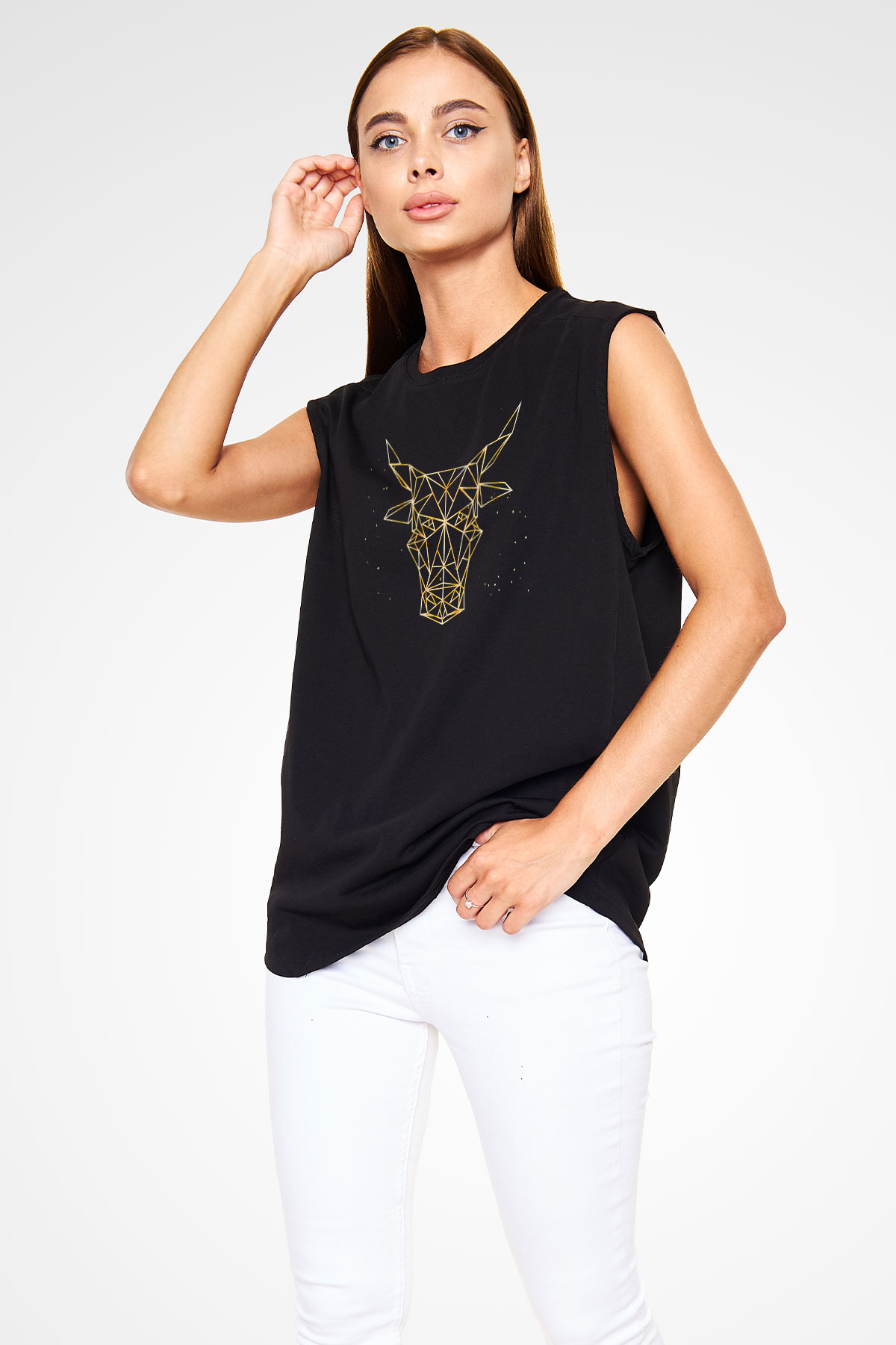 Boğa Burcu Baskılı Unisex Siyah Kolsuz Tişört - Tshirt