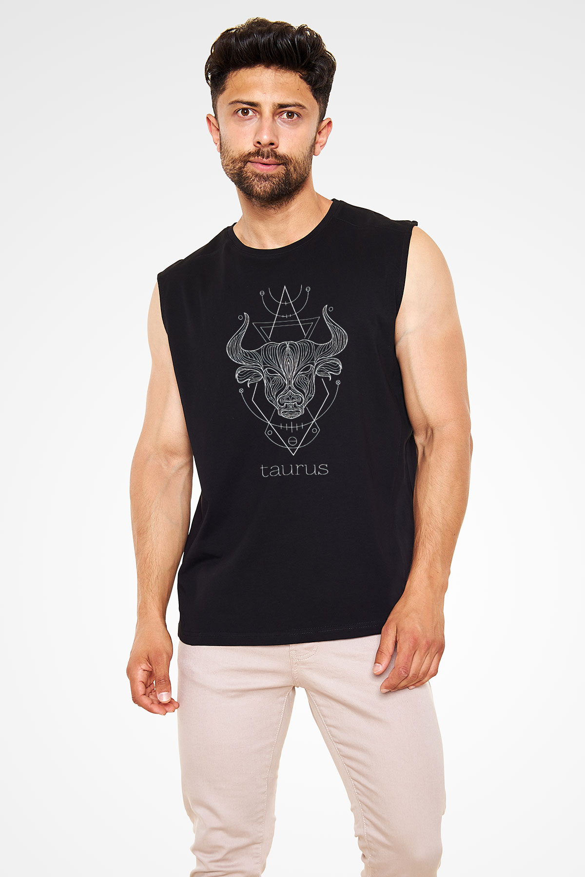 Boğa Burcu Baskılı Unisex Siyah Kolsuz Tişört - Tshirt