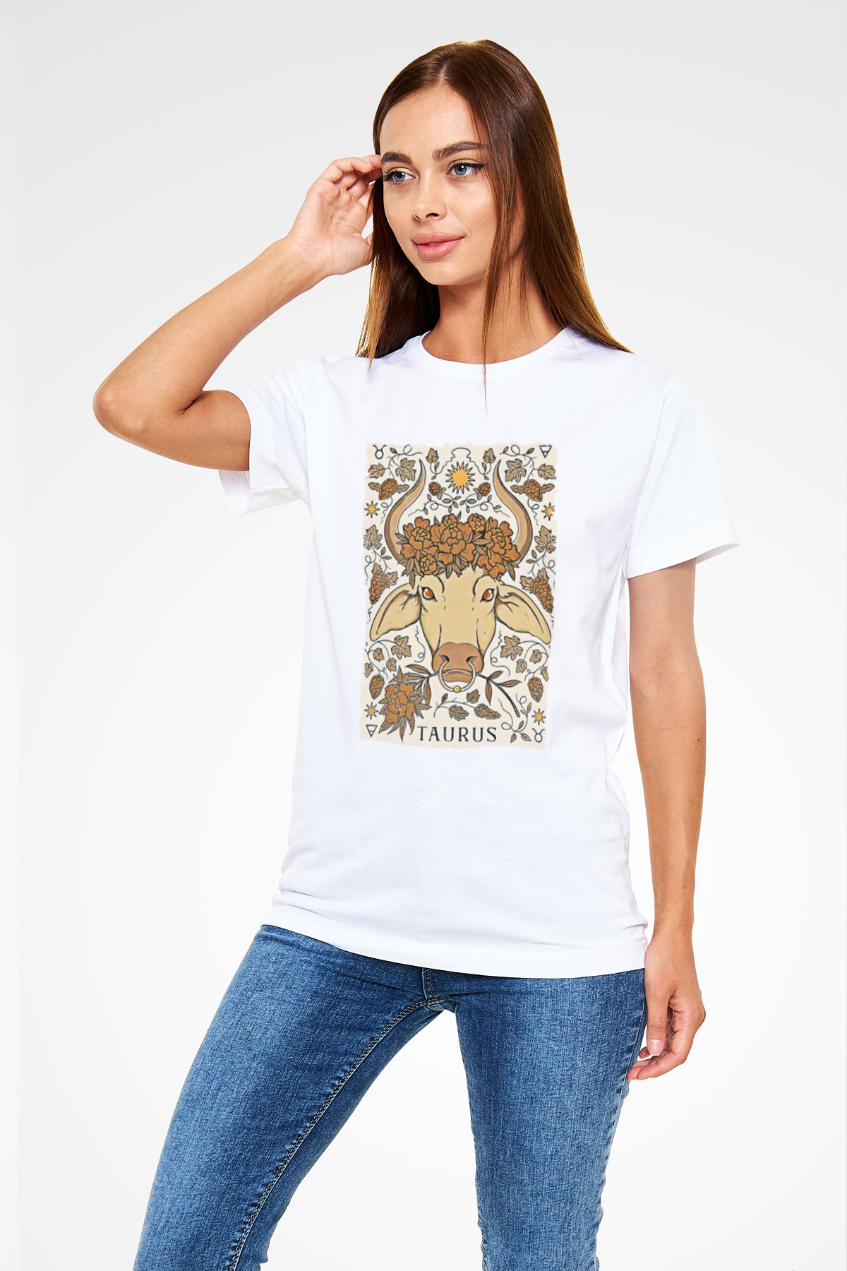 Boğa Burcu Unisex Baskılı Beyaz Tişört - Tshirt