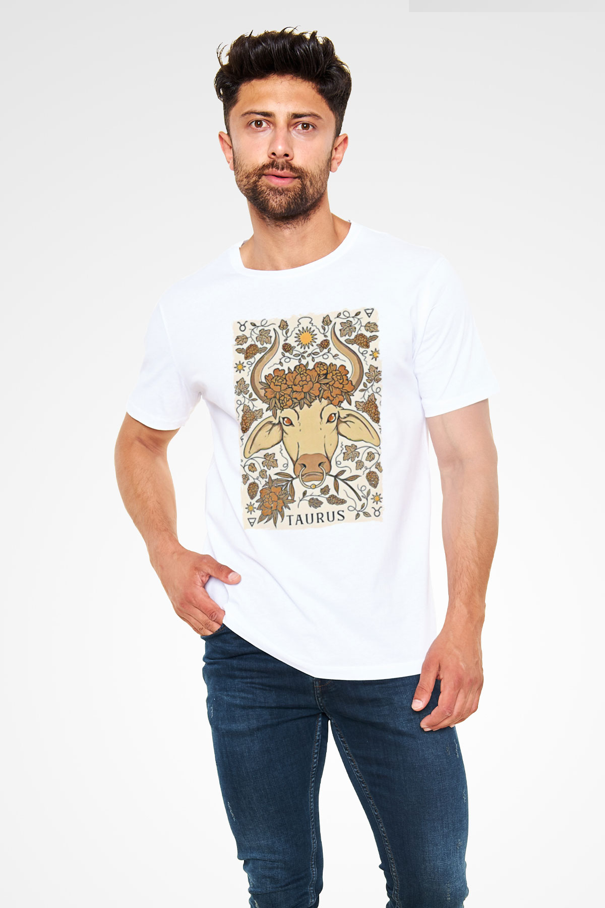 Boğa Burcu Unisex Baskılı Beyaz Tişört - Tshirt