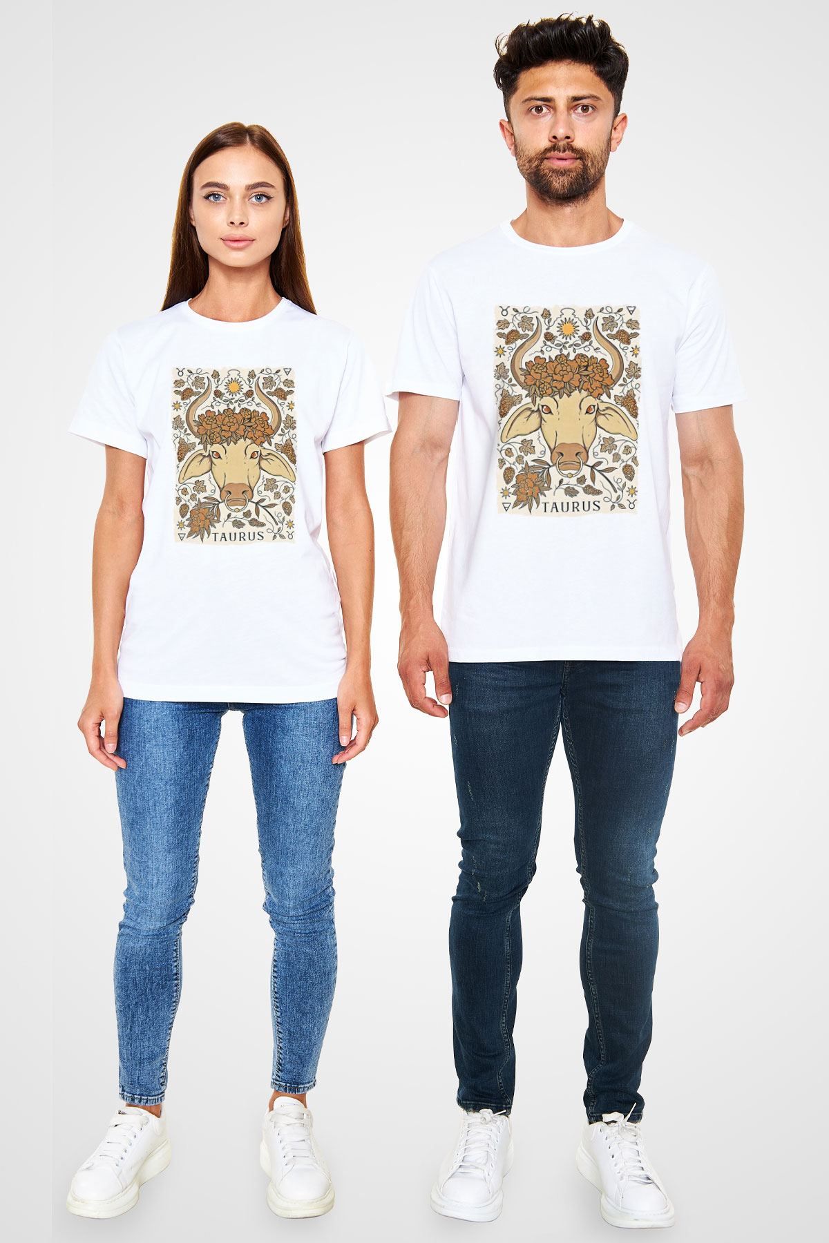 Boğa Burcu Unisex Baskılı Beyaz Tişört - Tshirt
