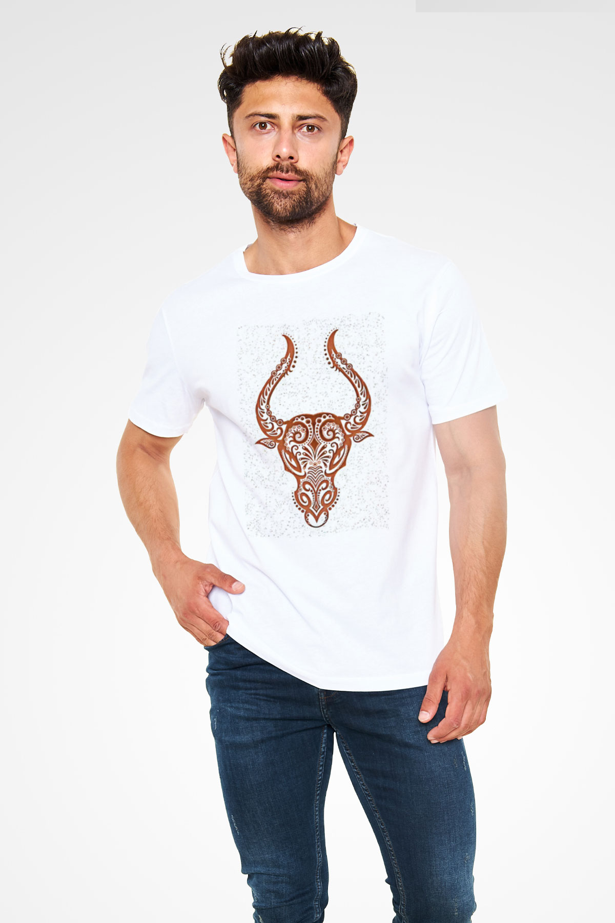Boğa Burcu Unisex Baskılı Beyaz Tişört - Tshirt